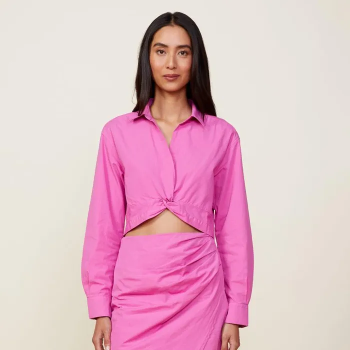 MONROW LONG SLEEVE Poplin Front Twist Shirt Violet Pink 8211 Shop