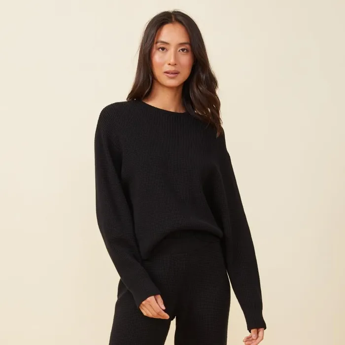MONROW SWEATSHIRTS Soft Knit Waffle Crew Neck Sweatshirt Black 8211 Shop
