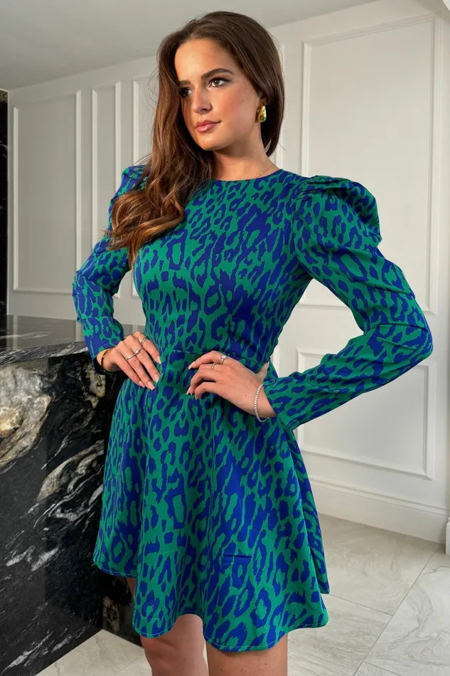 Morgan Puff Sleeve Skater Dress Green Animal Women Girl In Mind Skater Dresses
