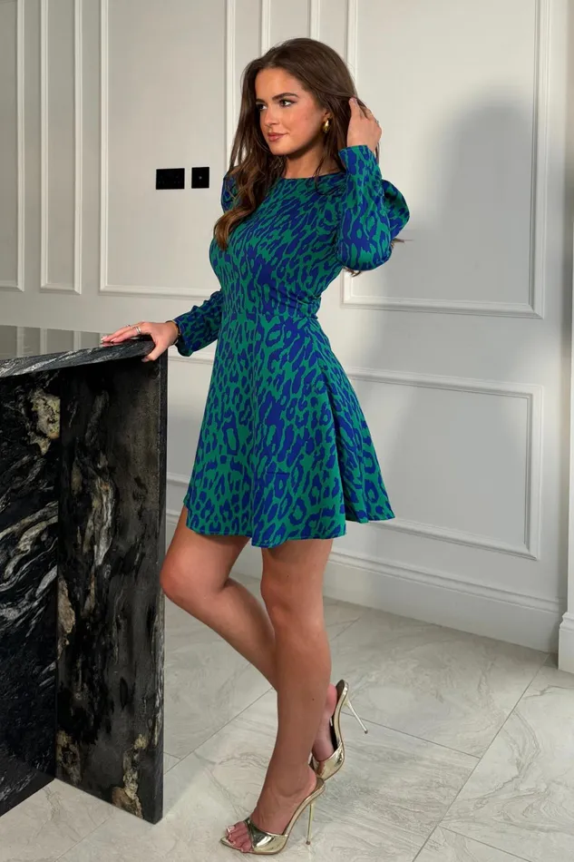 Morgan Puff Sleeve Skater Dress Green Animal Women Girl In Mind Skater Dresses