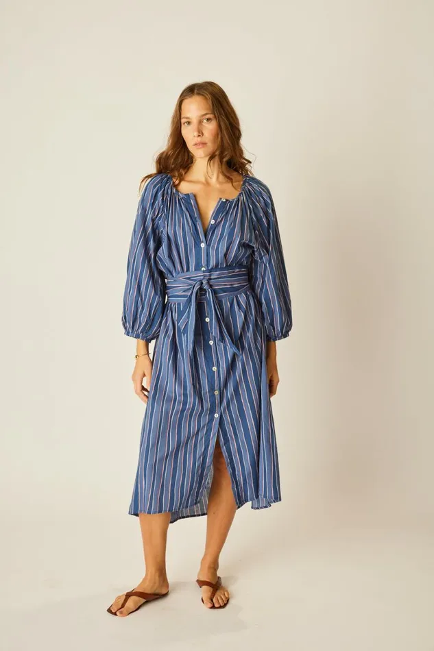 Natalie Martin ALEX MIDI WITH SASH Batik Stripe Navy Shop Dresses