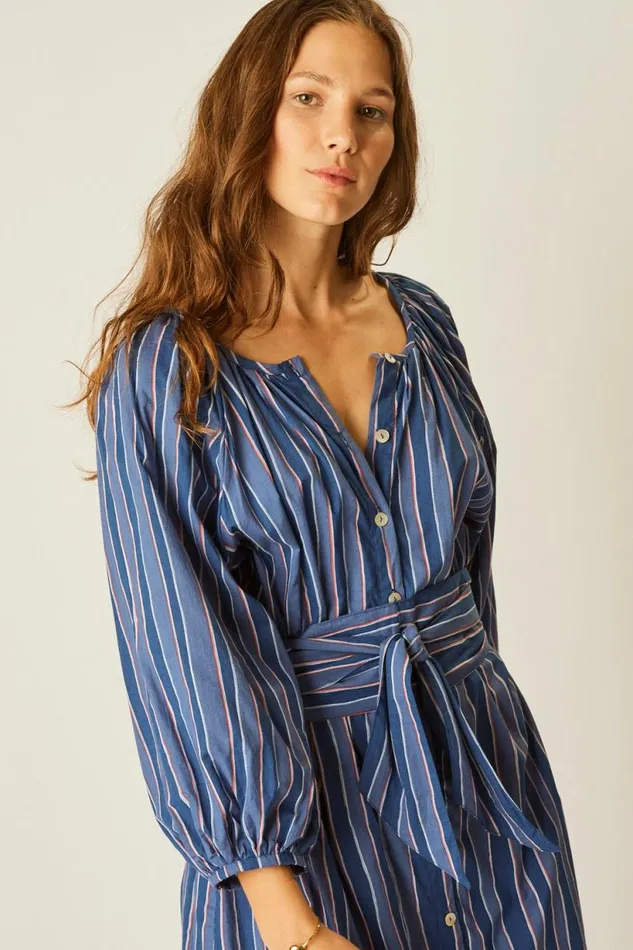 Natalie Martin ALEX MIDI WITH SASH Batik Stripe Navy Shop Dresses