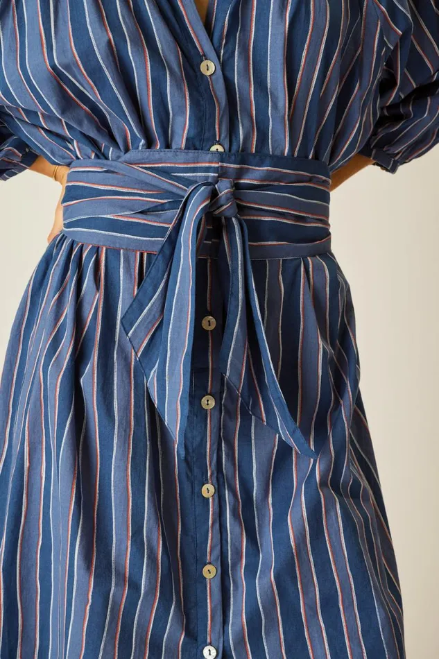 Natalie Martin ALEX MIDI WITH SASH Batik Stripe Navy Shop Dresses