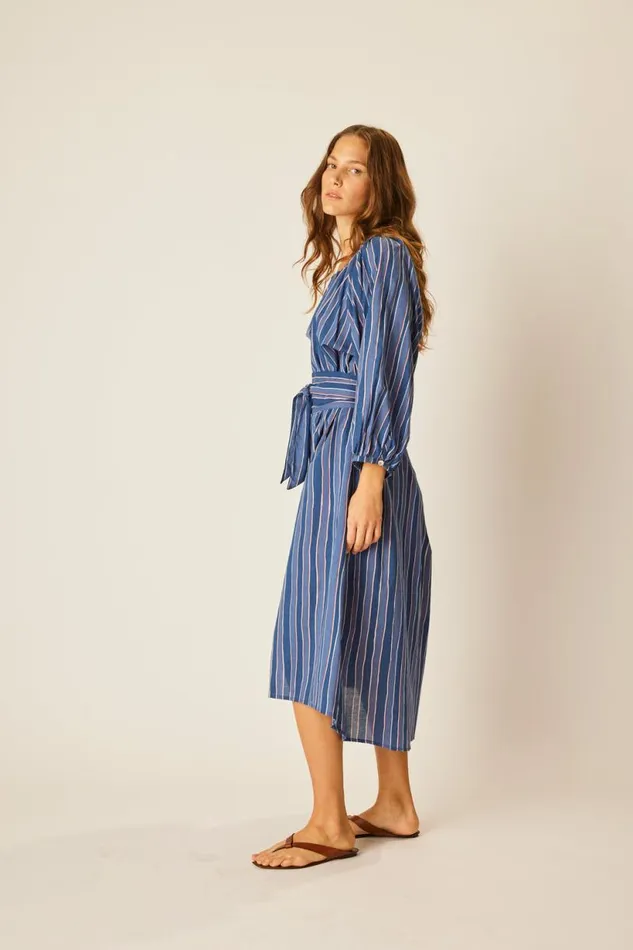 Natalie Martin ALEX MIDI WITH SASH Batik Stripe Navy Shop Dresses