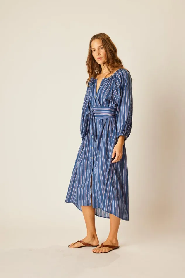 Natalie Martin ALEX MIDI WITH SASH Batik Stripe Navy Shop Dresses
