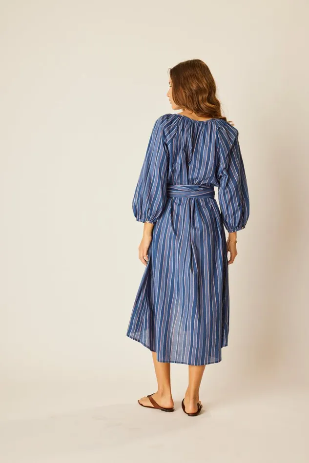 Natalie Martin ALEX MIDI WITH SASH Batik Stripe Navy Shop Dresses