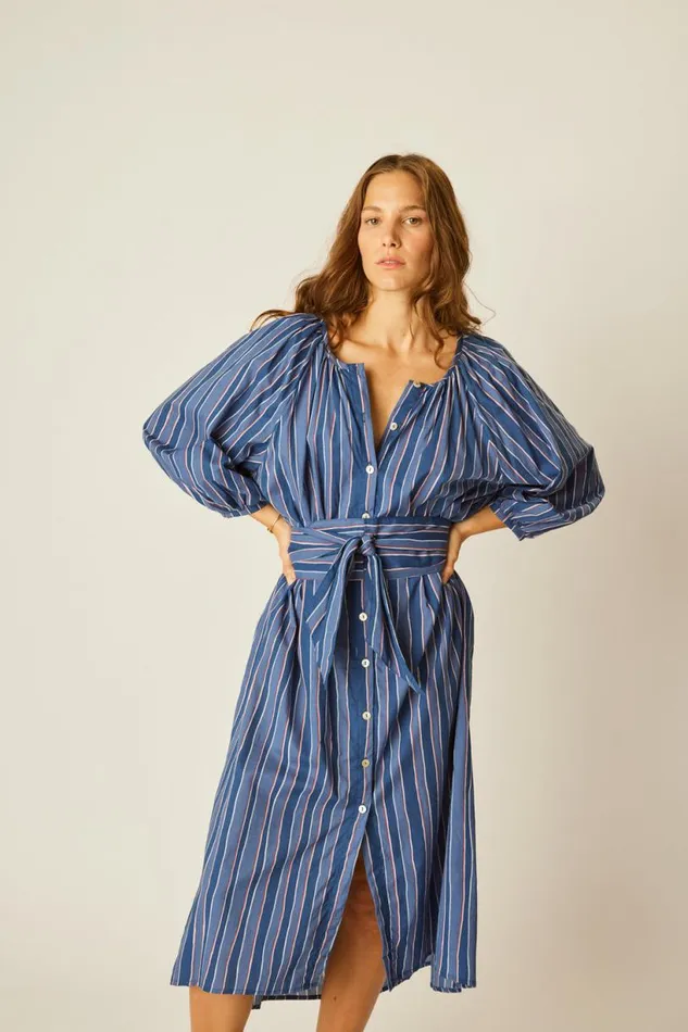 Natalie Martin ALEX MIDI WITH SASH Batik Stripe Navy Shop Dresses