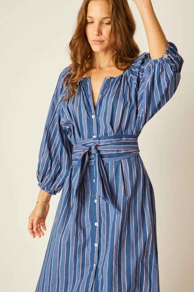 Natalie Martin ALEX MIDI WITH SASH Batik Stripe Navy Shop Dresses