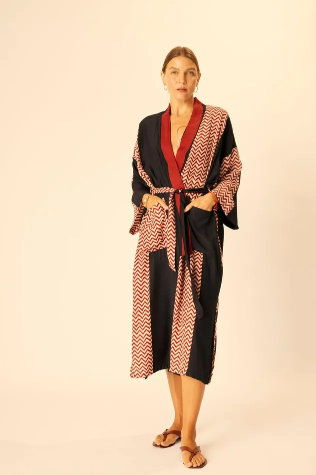 Natalie Martin DIANE LONG ROBE Block Zigzag Noire Shop Coverups