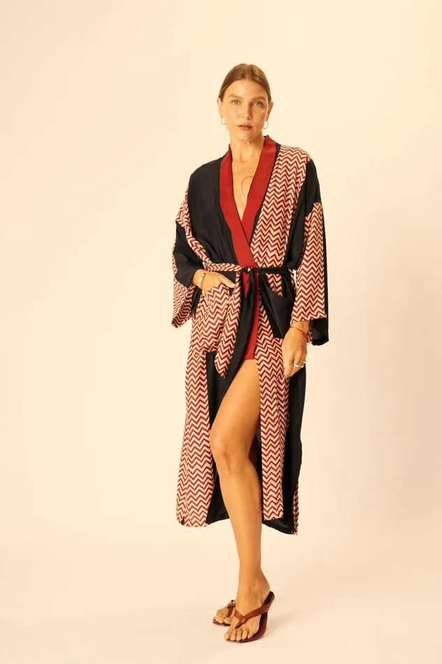 Natalie Martin DIANE LONG ROBE Block Zigzag Noire Shop Coverups