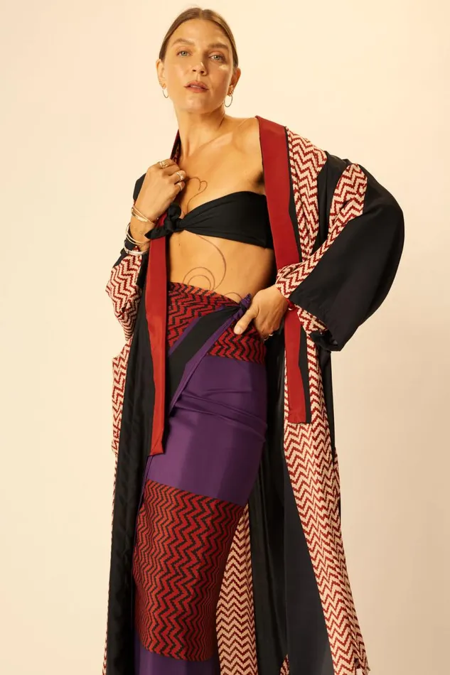 Natalie Martin DIANE LONG ROBE Block Zigzag Noire Shop Coverups