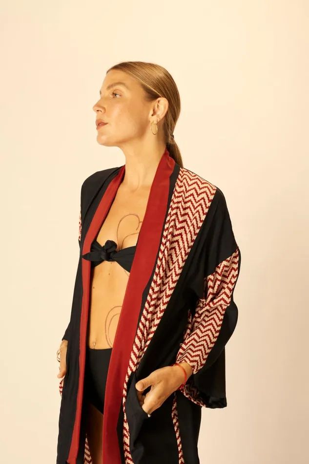 Natalie Martin DIANE LONG ROBE Block Zigzag Noire Shop Coverups