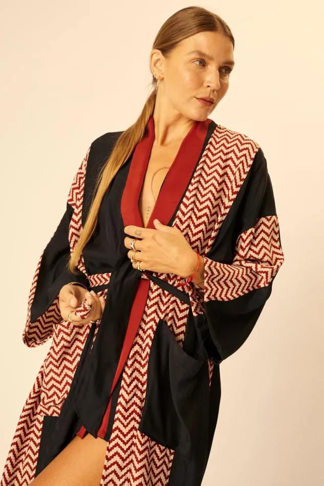 Natalie Martin DIANE LONG ROBE Block Zigzag Noire Shop Coverups