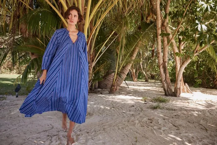 Natalie Martin FIORE MAXI Batik Stripe Navy Shop Dresses