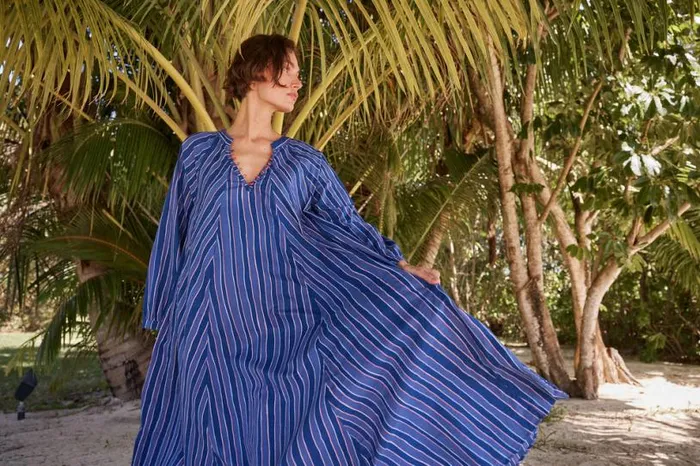 Natalie Martin FIORE MAXI Batik Stripe Navy Shop Dresses