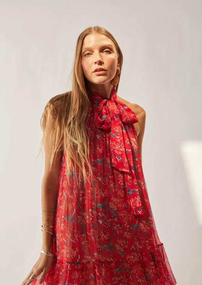 Natalie Martin INDIANA MAXI Chiffon Watercolor Vermillion Shop Dresses
