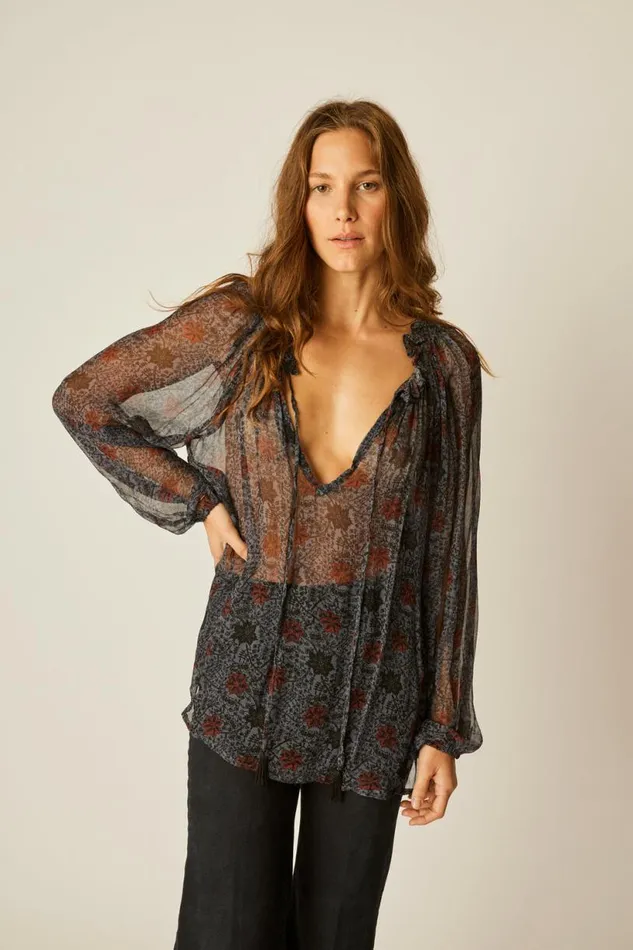 Natalie Martin PENNY BLOUSE Snowflake Steel Blue Shop Tops