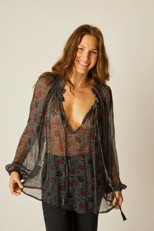 Natalie Martin PENNY BLOUSE Snowflake Steel Blue Shop Tops