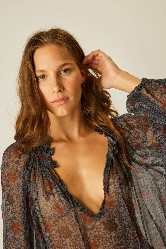 Natalie Martin PENNY BLOUSE Snowflake Steel Blue Shop Tops