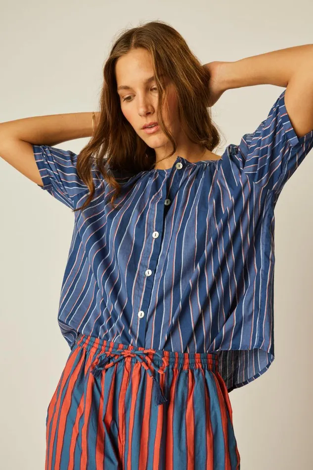 Natalie Martin VIOLET TOP Batik Stripe Navy Shop Tops