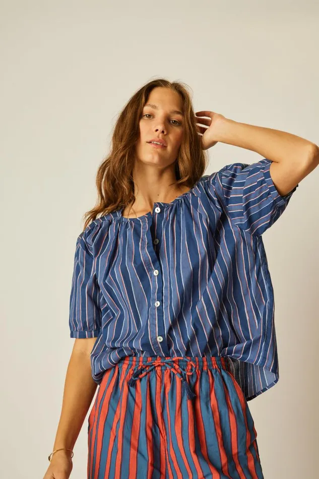 Natalie Martin VIOLET TOP Batik Stripe Navy Shop Tops