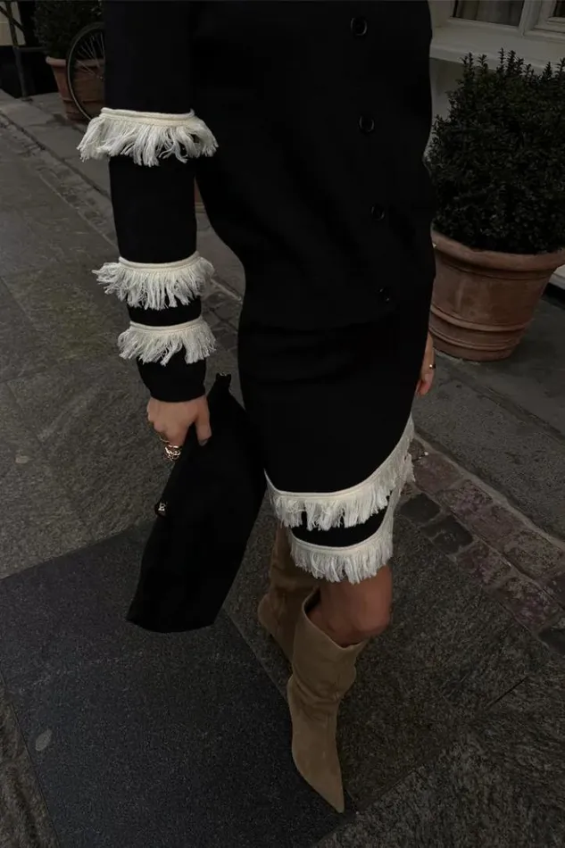Never Fully Dressed Black And Cream Fringe Jake Skirt Women Knitwear