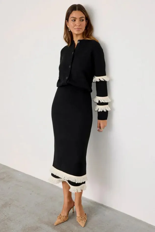 Never Fully Dressed Black And Cream Fringe Straight Knit Skirt Women Knitwear