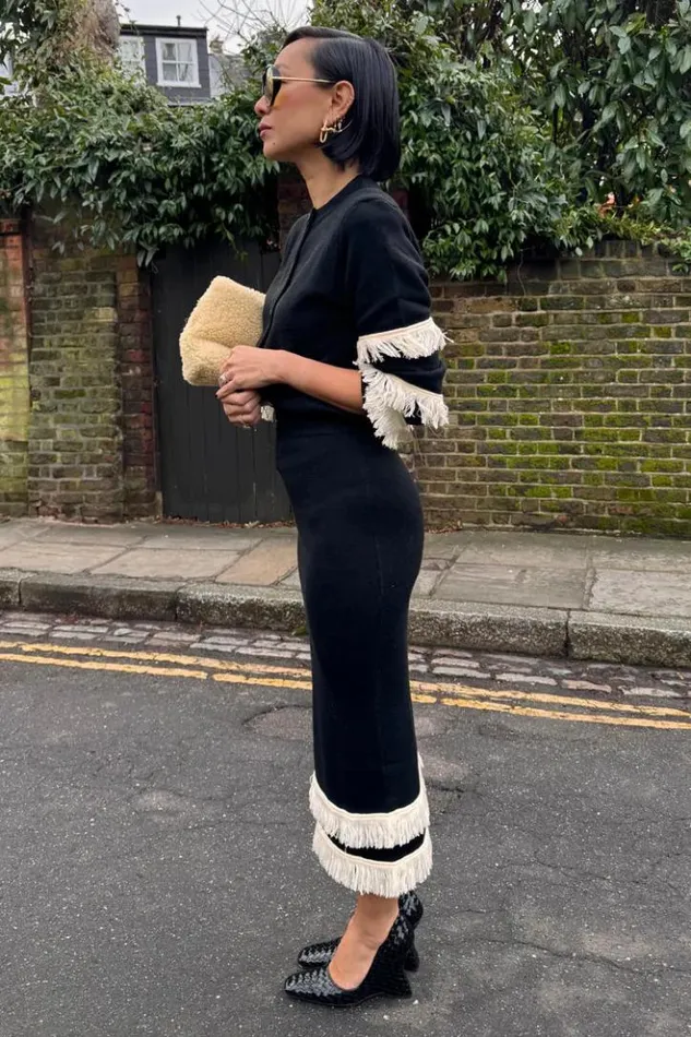 Never Fully Dressed Black And Cream Fringe Straight Knit Skirt Women Knitwear