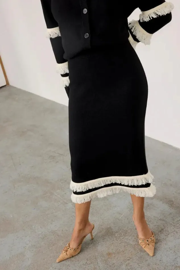 Never Fully Dressed Black And Cream Fringe Straight Knit Skirt Women Knitwear