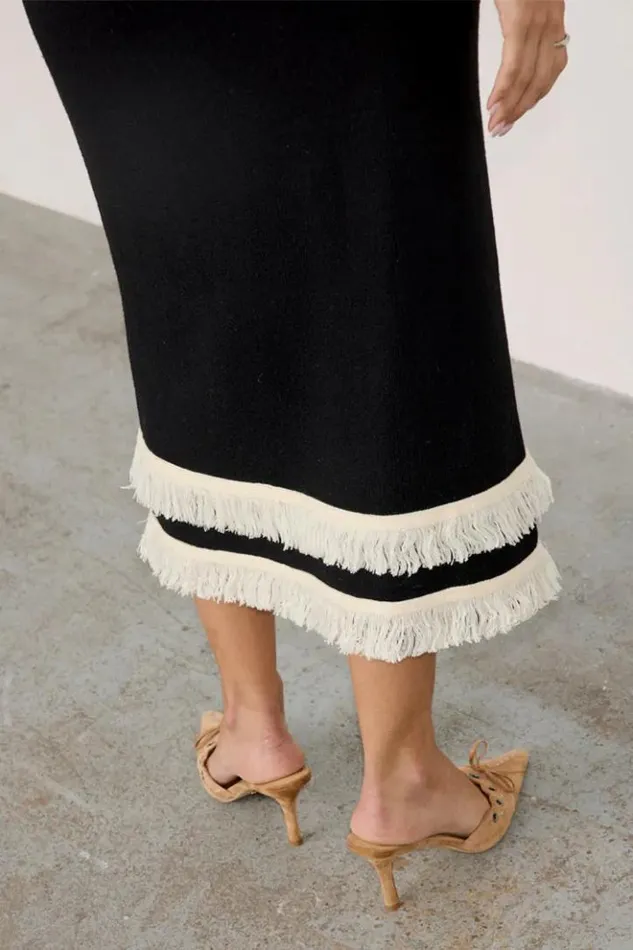 Never Fully Dressed Black And Cream Fringe Straight Knit Skirt Women Knitwear