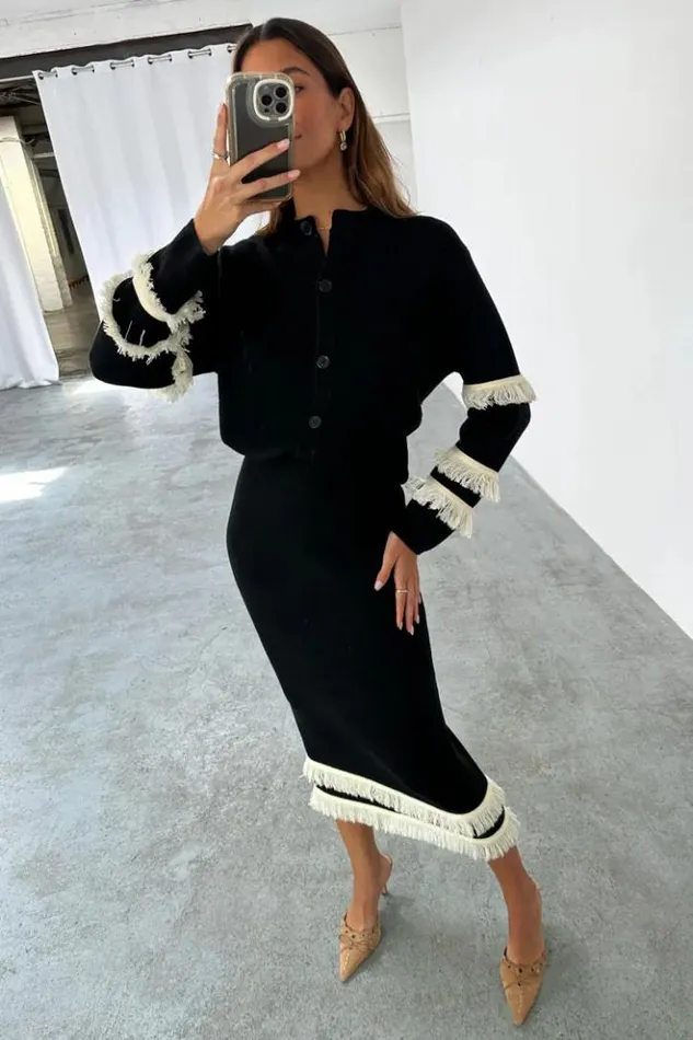 Never Fully Dressed Black And Cream Fringe Straight Knit Skirt Women Knitwear