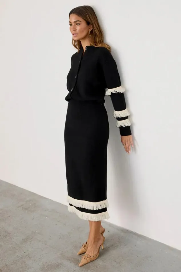 Never Fully Dressed Black And Cream Fringe Straight Knit Skirt Women Knitwear