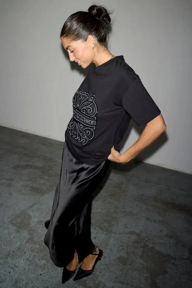 Never Fully Dressed Black Beaded Logo Tshirt Women Tops and TShirts