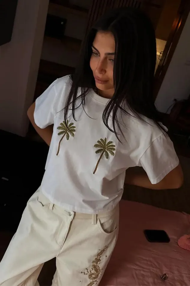 Never Fully Dressed Embroidered Palm Boob T Shirt Women Newness