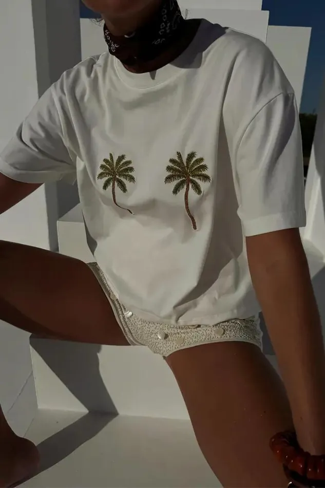 Never Fully Dressed Embroidered Palm Boob T Shirt Women Newness