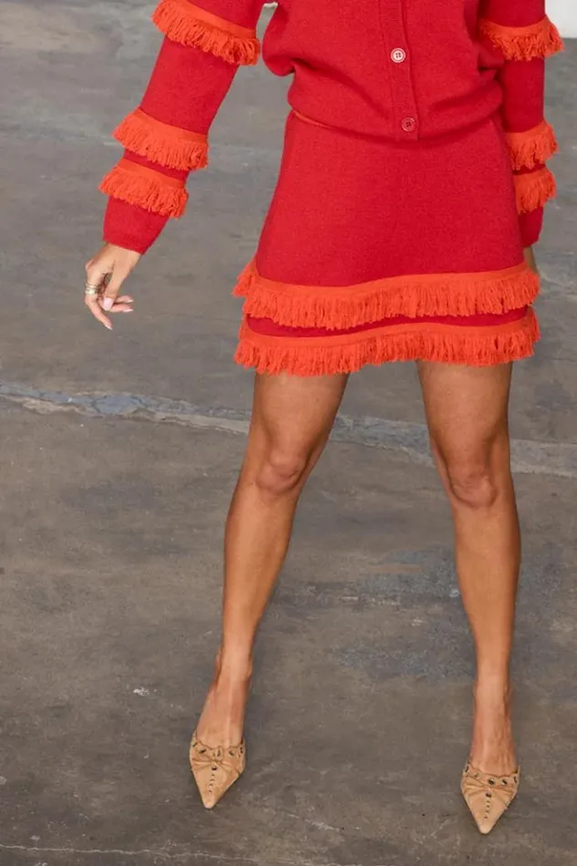 Never Fully Dressed Red Fringe Jake Skirt Women Knitwear