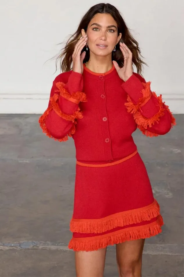 Never Fully Dressed Red Fringe Jake Skirt Women Knitwear