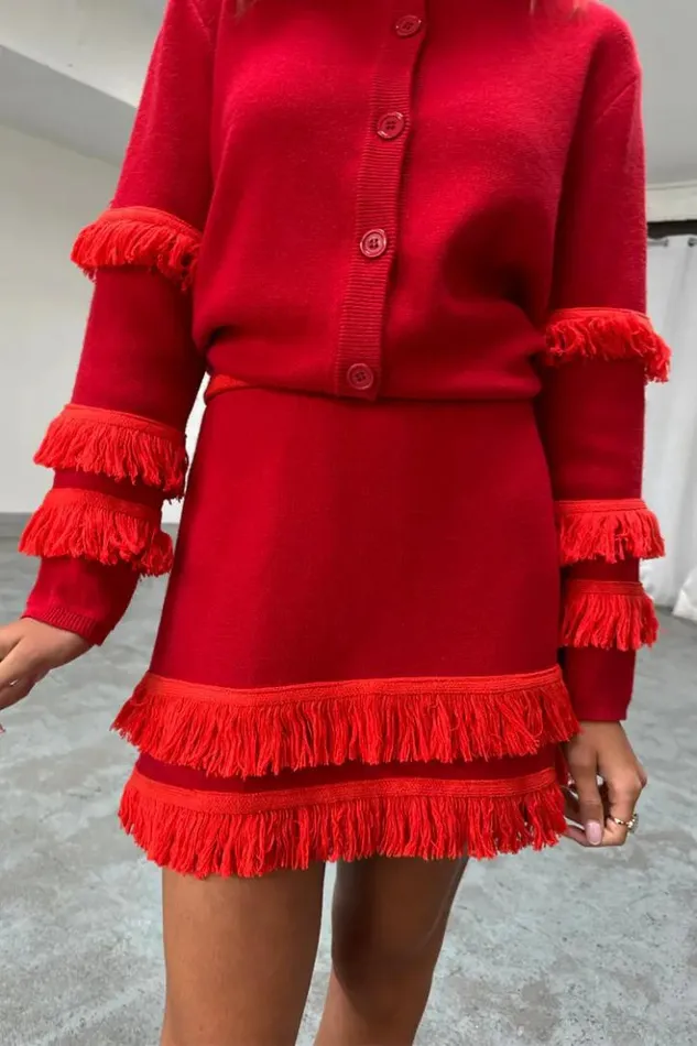 Never Fully Dressed Red Fringe Jake Skirt Women Knitwear