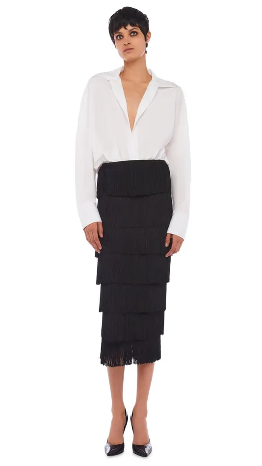 Norma Kamali Bottoms FRINGE SKIRT TO MIDCALF Black 8211 Clothing