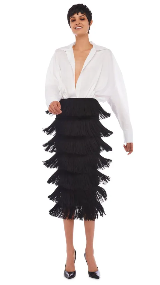 Norma Kamali Bottoms FRINGE SKIRT TO MIDCALF Black 8211 Clothing