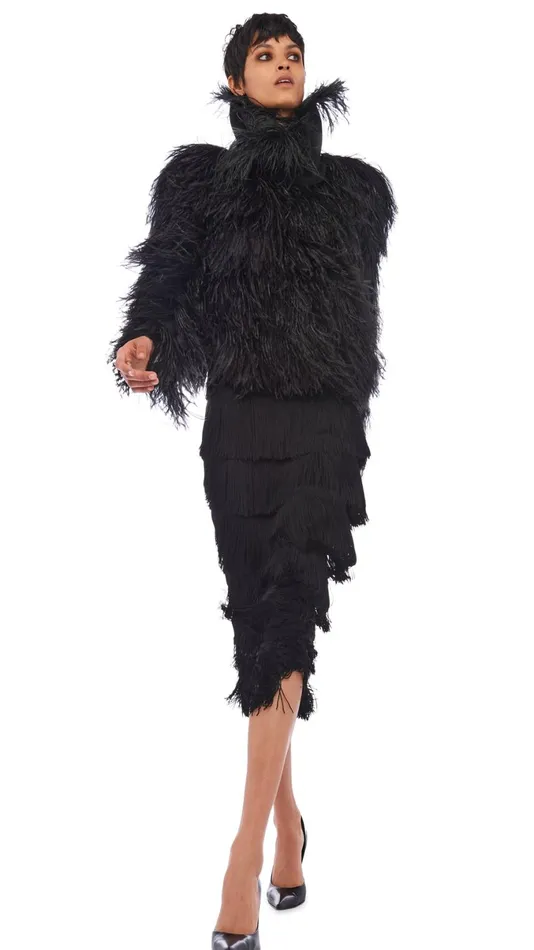 Norma Kamali Bottoms FRINGE SKIRT TO MIDCALF Black 8211 Clothing