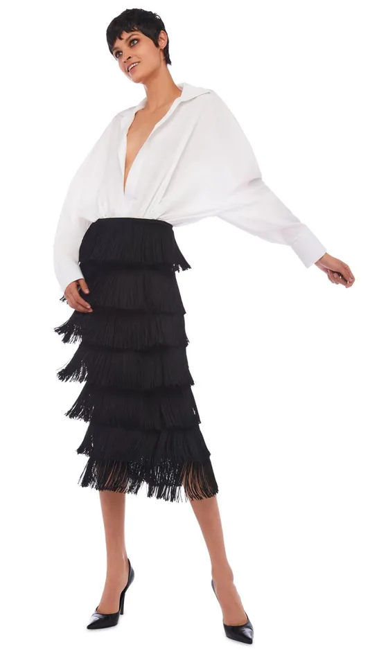Norma Kamali Bottoms FRINGE SKIRT TO MIDCALF Black 8211 Clothing