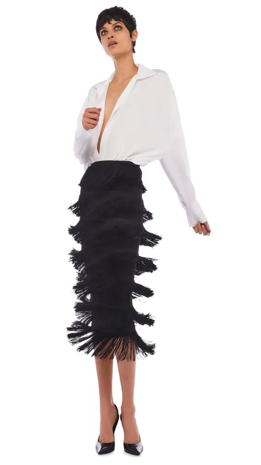 Norma Kamali Bottoms FRINGE SKIRT TO MIDCALF Black 8211 Clothing