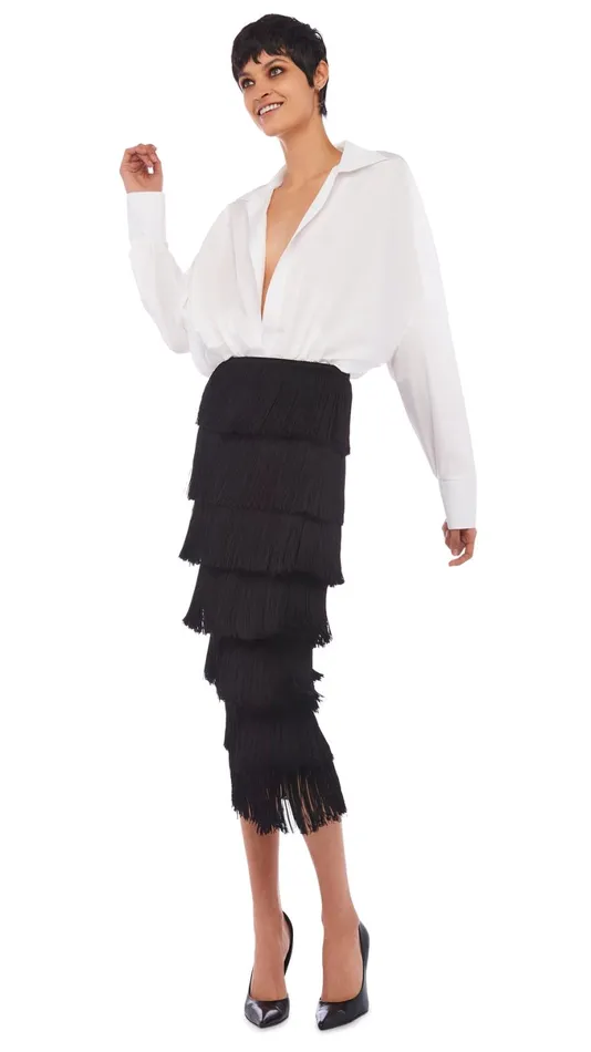 Norma Kamali Bottoms FRINGE SKIRT TO MIDCALF Black 8211 Clothing