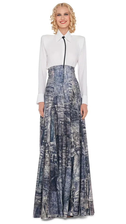 Norma Kamali Bottoms LONG GRACE SKIRT Blacknavy Denim Print 8211 Clothing