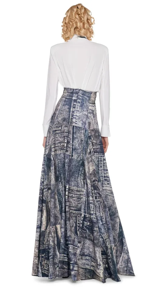Norma Kamali Bottoms LONG GRACE SKIRT Blacknavy Denim Print 8211 Clothing
