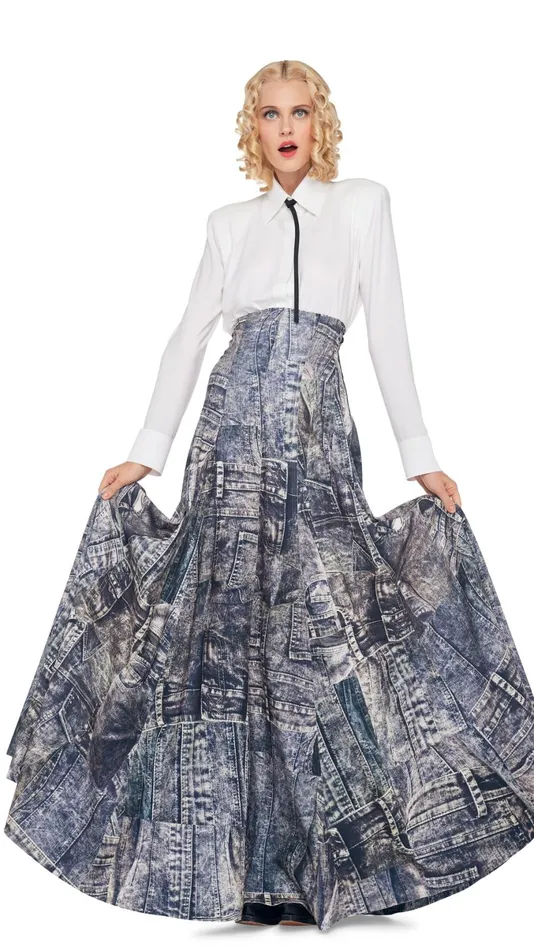 Norma Kamali Bottoms LONG GRACE SKIRT Blacknavy Denim Print 8211 Clothing
