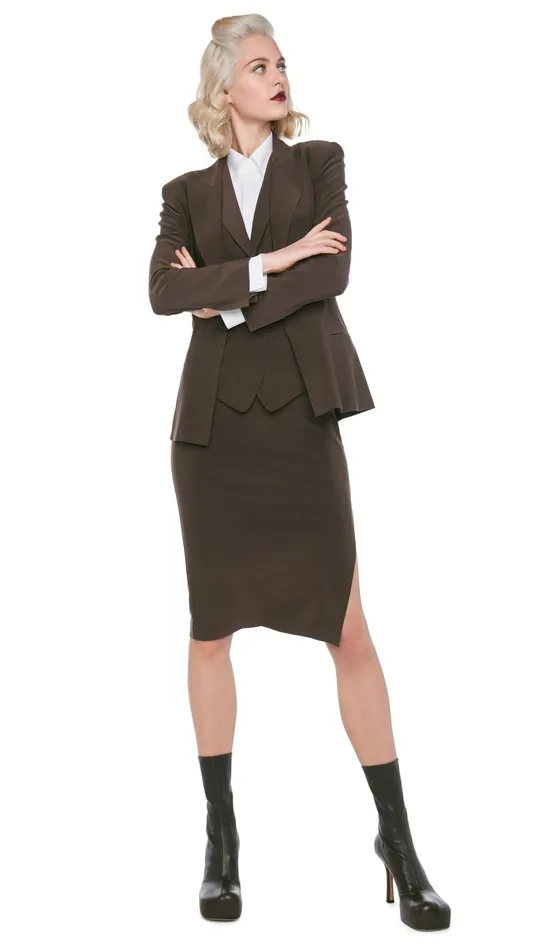 Norma Kamali Bottoms SIDE SLIT SKIRT COVER THE KNEE Chocolate 8211 Clothing