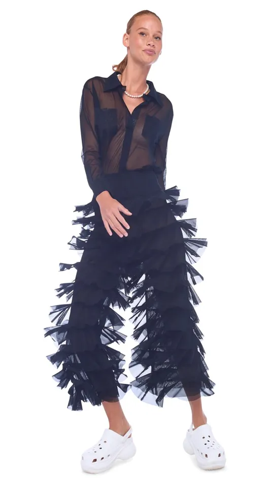 Norma Kamali Bottoms WIDE LEG RUFFLE PANT Black 8211 Clothing