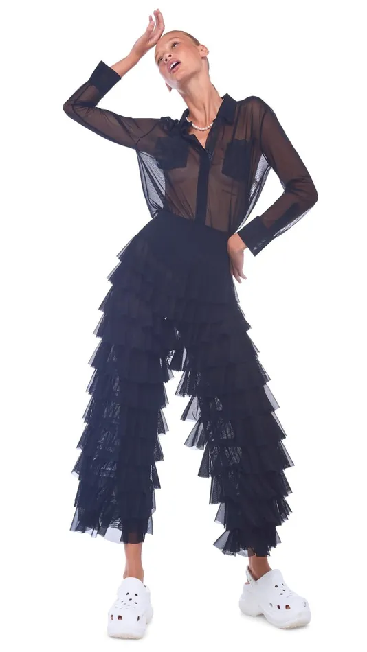 Norma Kamali Bottoms WIDE LEG RUFFLE PANT Black 8211 Clothing